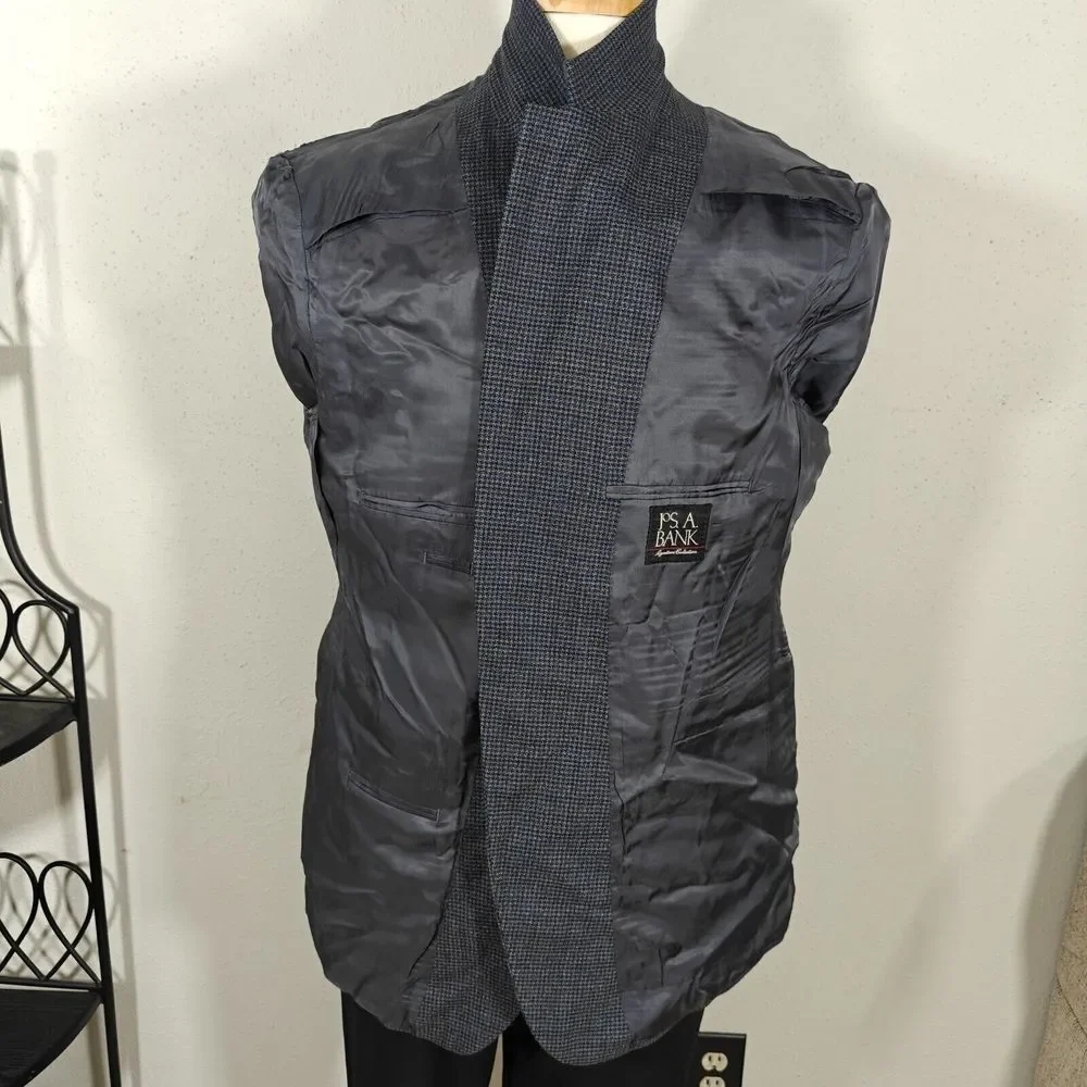 JOS A BANK Men's Flannel Sport Coat Blazer Two‎ Button Navy Houndstooth Wool 46R